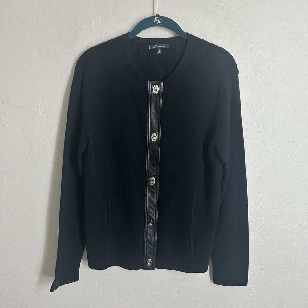 Anne Klein Sweater Jacket Women S Black Knit Leather Trim Silver Tone Long Slv